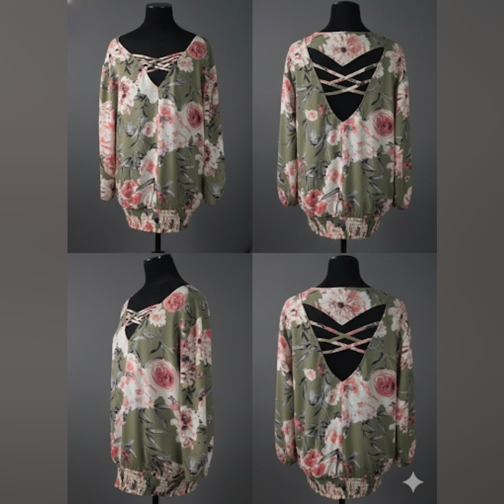 New York & Company Pink and Orange Floral 3/4 Sleeve Blouse
